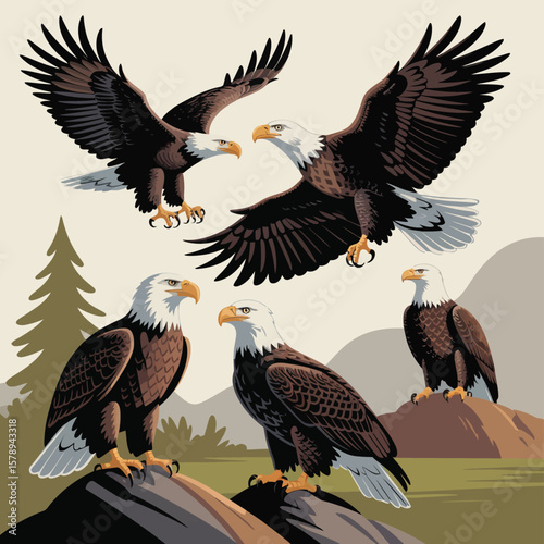 Majestic bald eagles soaring and perched in a natural mountain landscape