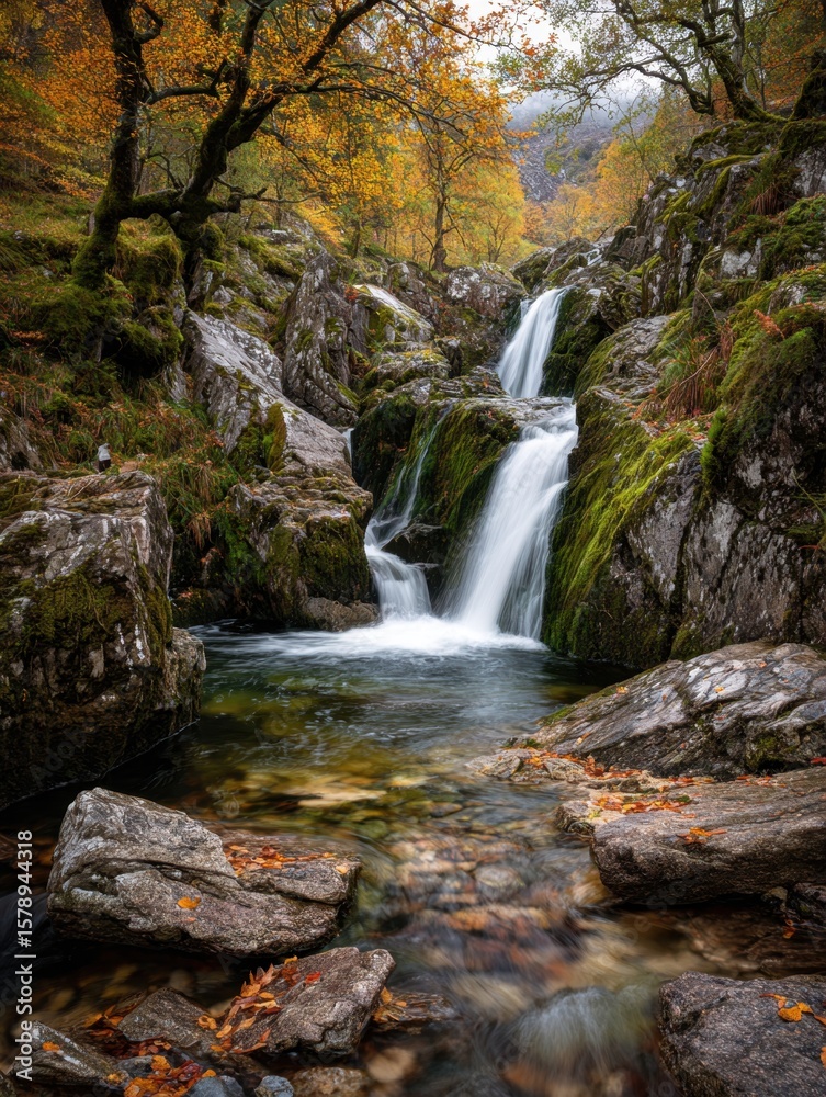 Naklejka premium Serene waterfall cascading through autumn forest mountainous region nature photography tranquil atmosphere landscape view