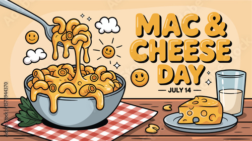 Celebrate Mac and Cheese Day with a delicious cartoon illustration of cheesy pasta, a slice of cheese, and a glass of milk.