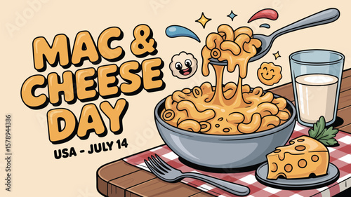 A delicious Mac and Cheese Day illustration featuring pasta, a glass of milk, and a slice of cheese to celebrate USA July 14.
