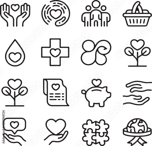 "Modern Line Art Icons Representing Charity, Care, and Social Impact"
