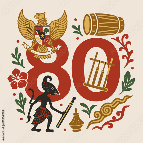Celebratory Indonesian anniversary design featuring cultural elements, a Garuda Pancasila emblem, and a wayang shadow puppet for national festivities.