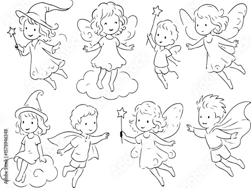 Collection of cute cartoon fairies and a witch with magic wands and wings flying and sitting on clouds in a simple line art style