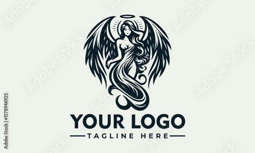 Elegant winged woman logo design, dark monochrome aesthetic, halo, flowing hair, tagline placeholder.