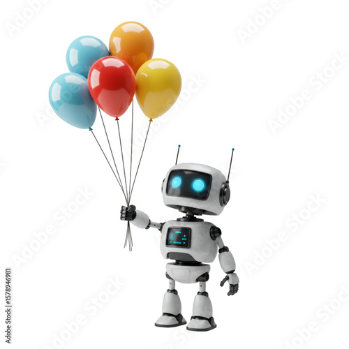 Illustration Of Cute 3d White Robot Holding Colorful Balloons Isolated