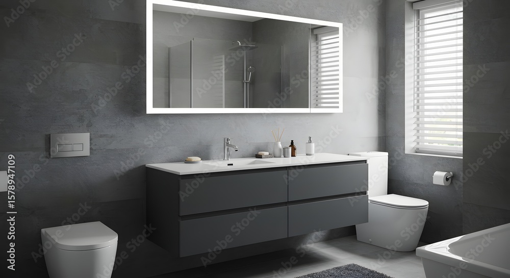 Fototapeta premium Modern Bathroom Interior with Vanity, Toilet, and Shower