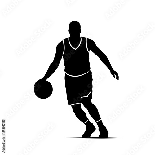 Basketball Silhouette in Motion: A dynamic silhouette of a basketball player dribbling the ball with skillful precision, embodying the essence of agility, power.