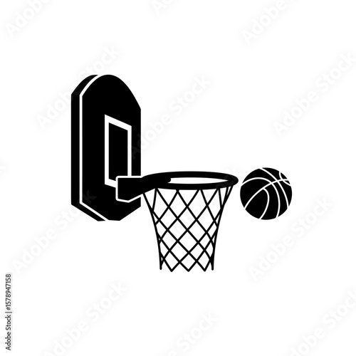 Basketball Silhouette: A dynamic black and white graphic captures the essence of basketball, featuring a hoop and net poised to catch the ball. This image embodies action, skill.