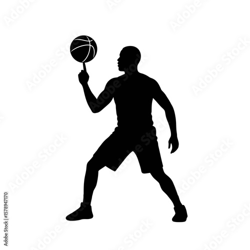 Basketball Player Silhouette: A dynamic silhouette of a basketball player skillfully balancing the ball on their fingertip, showcasing athleticism and precision.