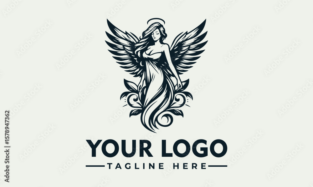 Obraz premium Elegant illustration of an angel with wings, halo, and floral elements, perfect for a logo.