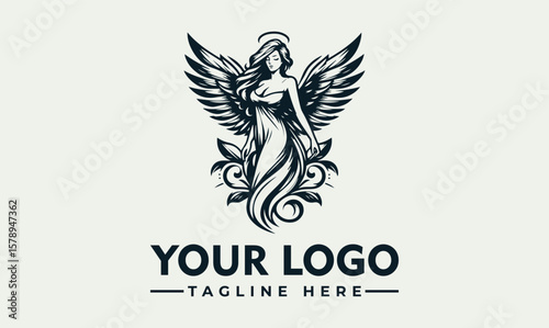 Elegant illustration of an angel with wings, halo, and floral elements, perfect for a logo.