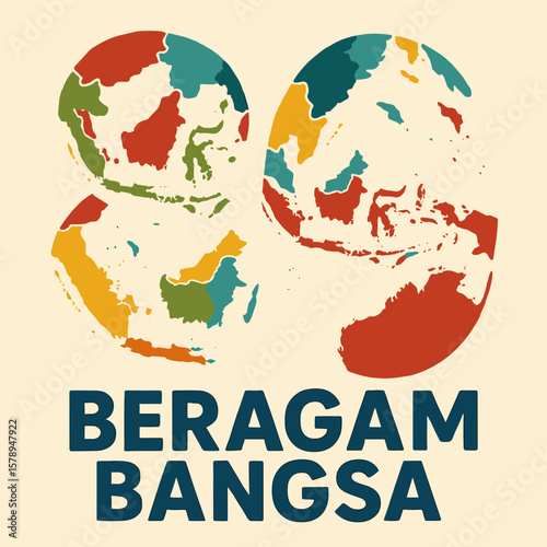 Vibrant graphical representation of the Indonesian archipelago, symbolizing cultural diversity and unity with its distinctive island map styling.