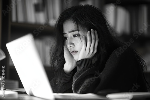 Stressed young Asian woman covering her face and feeling exhausted from overwork at home office, underscoring the importance of mental health in the workplace, Generative AI