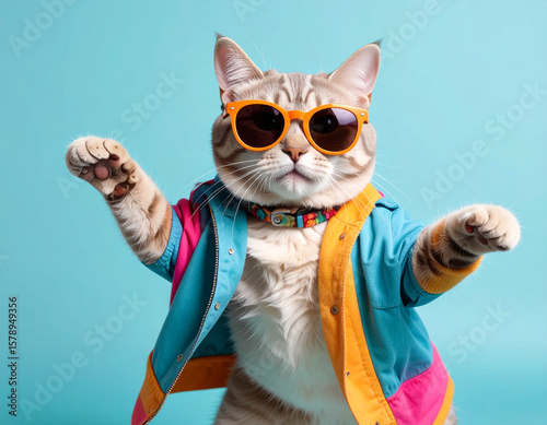 Cute cat wearing bright colorful clothes and stylish sunglasses, dancing joyfully on a solid pastel background