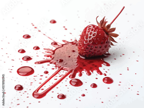 Crushed strawberry splattered with red juice on a clean white surface.
