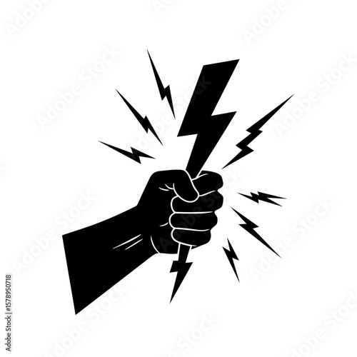 Empowering Hand with Lightning: A striking monochrome illustration of a clenched fist grasping a lightning bolt, symbolizing power, energy, and force.