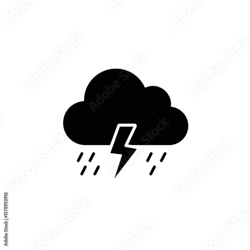 Stormy Weather: Dramatic black silhouette depicting a thunderous storm, with a towering cloud unleashing a powerful lightning bolt amidst a torrent of rain.