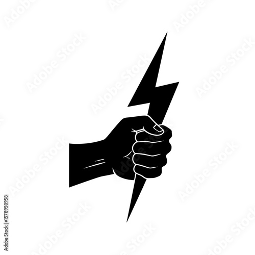 Empowering Energy: A striking, black silhouette of a hand firmly gripping a dynamic lightning bolt against a clean backdrop.