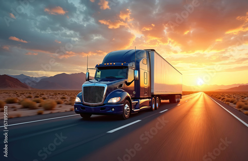 Wallpaper Mural Semi-truck speeds along desert highway under vibrant sunset. Logistic freight transportation concept. Efficient delivery, supply chain management, and long haul driving. American trucking industry. Torontodigital.ca