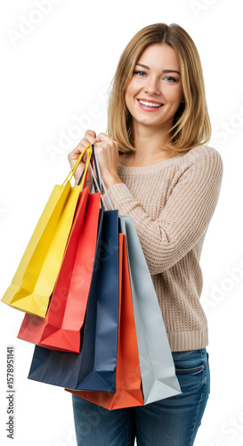 PNG of Blond Woman Holding Shopping Bags Smiling Portrait