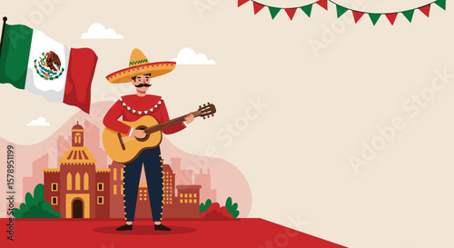 Festive mariachi musician illustration for Mexican Independence Day celebrations, cultural events, and promotional materials 
