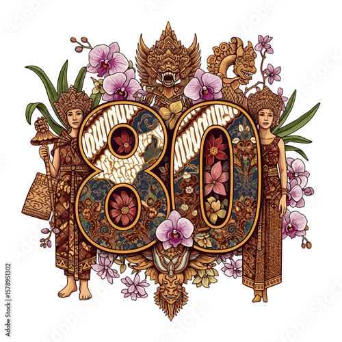 An artistic Eighty Numbers design with cultural figures, dragon sculptures, orchids, and floral elements, suitable for festive posters and custom event graphics.