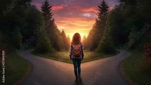 Woman chooses path with sunset forest.