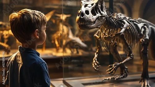 Boy Exploring Dinosaur Exhibit at Museum