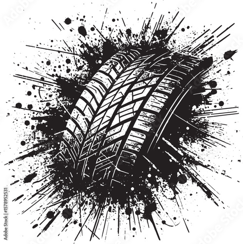 Black tire tread abstract design with dynamic ink splatters in an artistic grunge style, perfect for automotive, industrial, or contemporary art themes