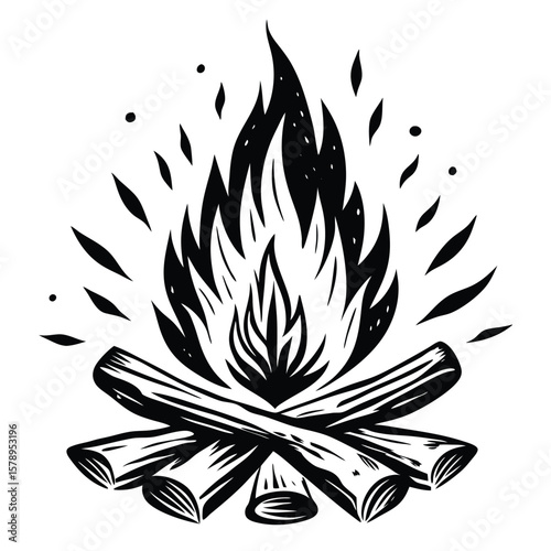 Black and white campfire silhouette burning wood