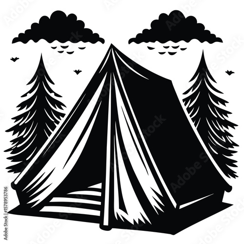 Black and white camping scene with tent and trees clouds