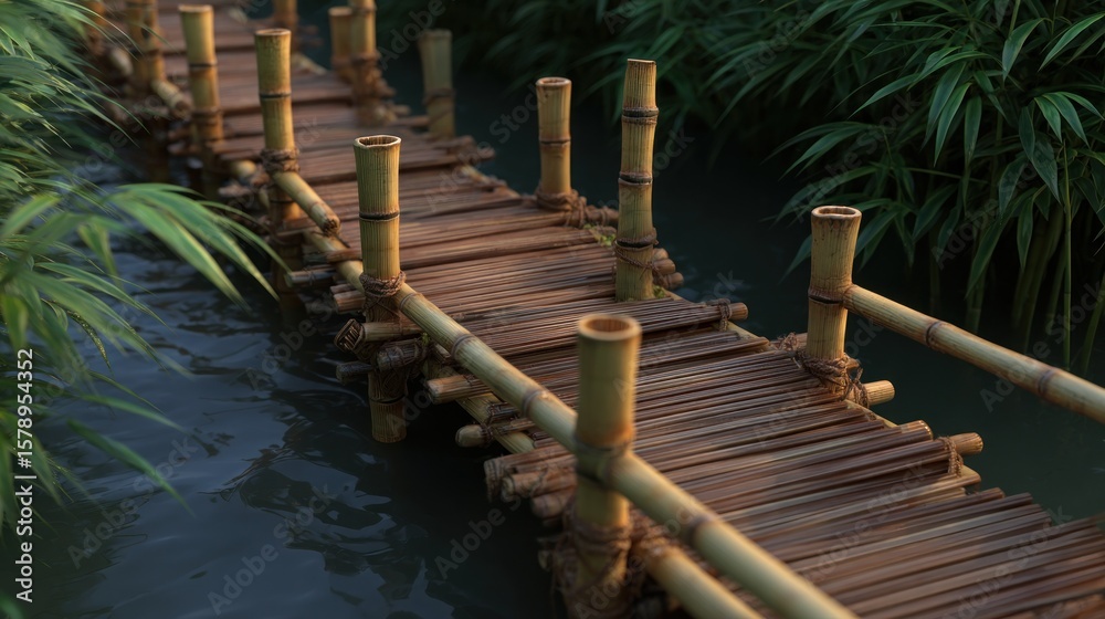 Fototapeta premium Wooden bamboo bridge over water, lush foliage