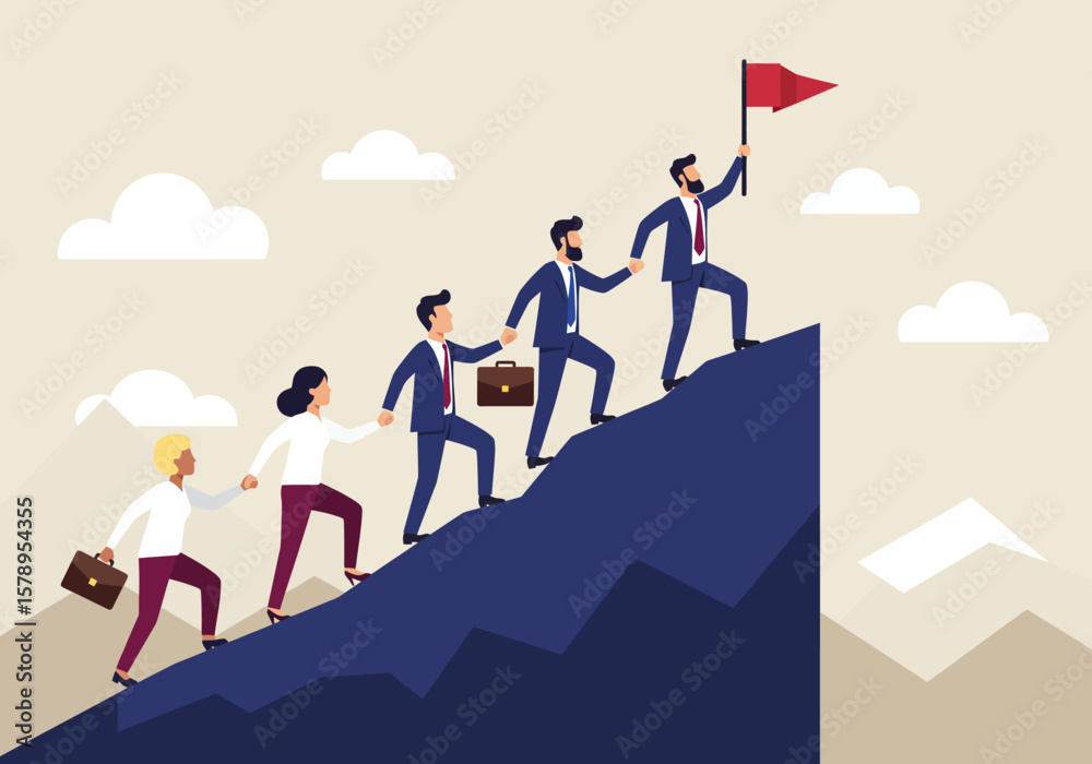 Obraz premium A group of business people ascending a steep blue mountain with a red flag at the summit showing the successful journey of teamwork and achievement