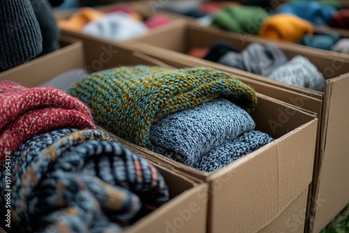 Close-up of boxes of belongings preparing to donate to charity, reflecting acts of kindness and environmental sustainability, Generative AI