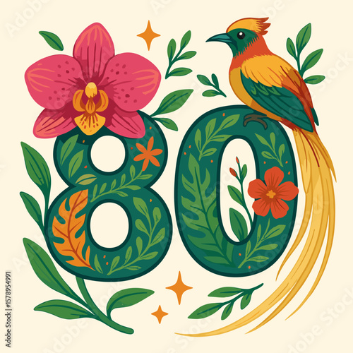 Celebratory floral eighty design features an exotic bird, lush leaves and flowers, ideal for greeting cards and special occasion backgrounds.