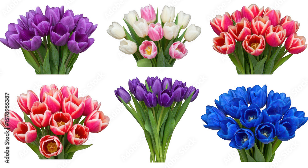 Obraz premium Multi-colored Tulip Bouquet Array: Captivating array of tulip bouquets showcasing a kaleidoscope of colors and forms, beautifully arranged.