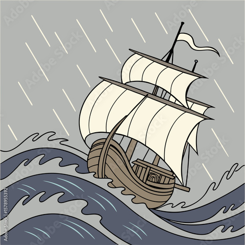 Vintage Sail Ship Riding a High Ocean Wave in Stormy Sea