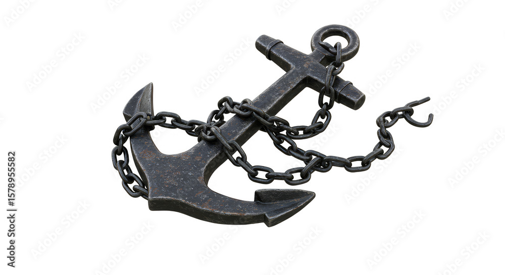 Obraz premium Nautical 3D Anchor with Metal Chain Nautical Maritime Transparent