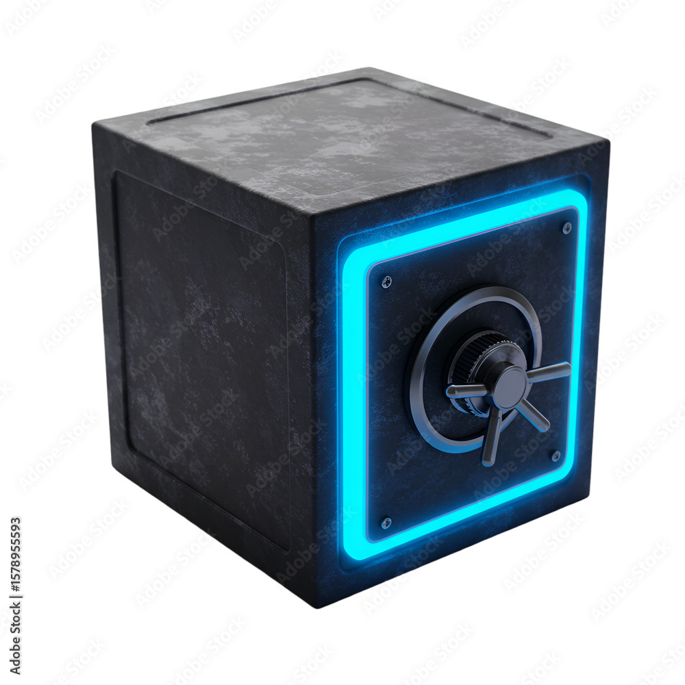 Obraz premium Realistic 3D Safe Vault with Metal Steel and Neon Glowing Edges Isolated