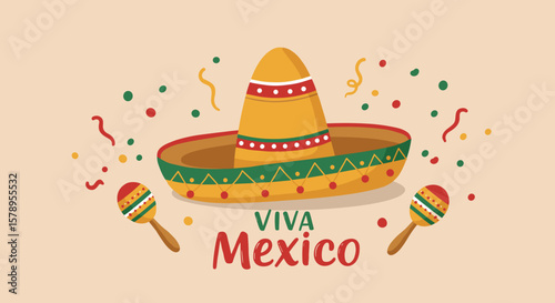 Children's naive drawing Colorful sombrero and maracas with Viva Mexico text and confetti  