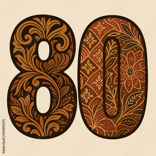 Elegant ornamental design featuring the number eighty with botanical and floral pattern infills for creative designs.