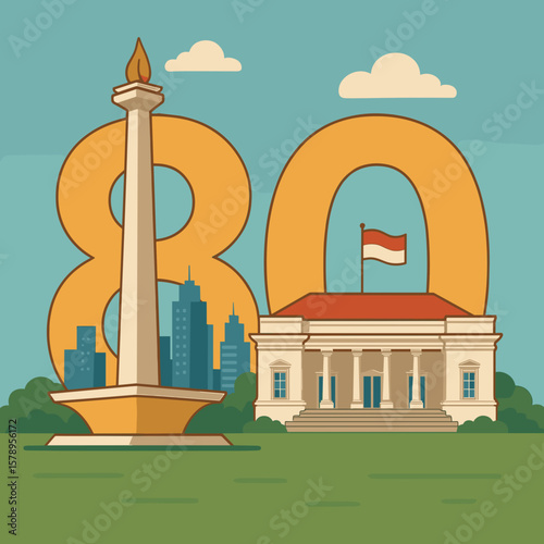 Commemorative graphic of Indonesian landmarks, celebrating independence with building outlines and national symbolism against a muted background.