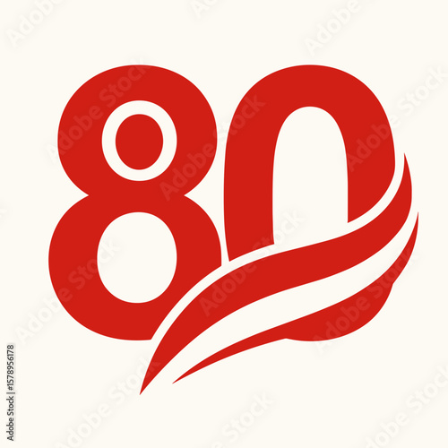Elegant eighties anniversary design shows a red number eighty with a flowing ribbon, perfect for celebratory designs or branding related to an anniversary event.