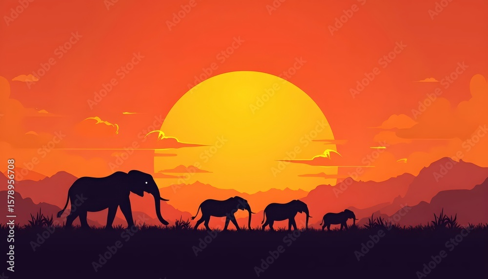 Naklejka premium African nature scenery with dark animal outlines against a glowing orange-pink sky and flocks of birds