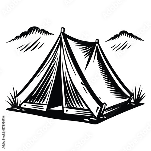 Black and white tent illustration with mountains and grass
