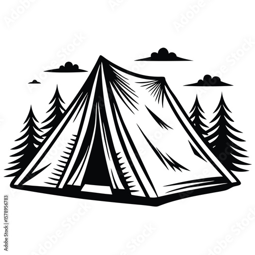 Black and white tent in forest with clouds camping
