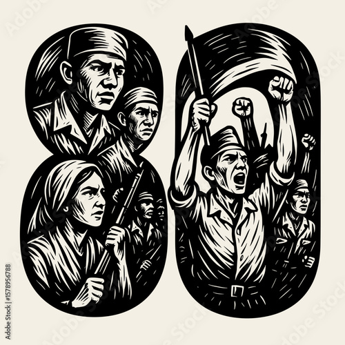 Bold design celebrating eighty years, featuring a group of people standing up for their rights, ideal for history projects or graphic compositions.