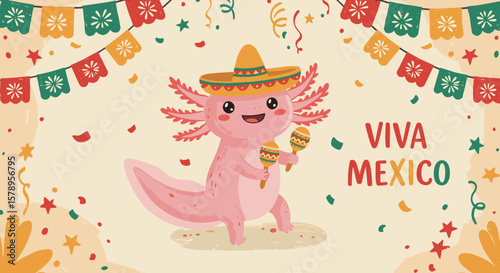 Children's naive drawing Cartoon axolotl celebrating with maracas in festive setting  