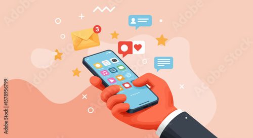 Engaging with digital content through a smartphone screen featuring social media icons and notifications for communication and interaction