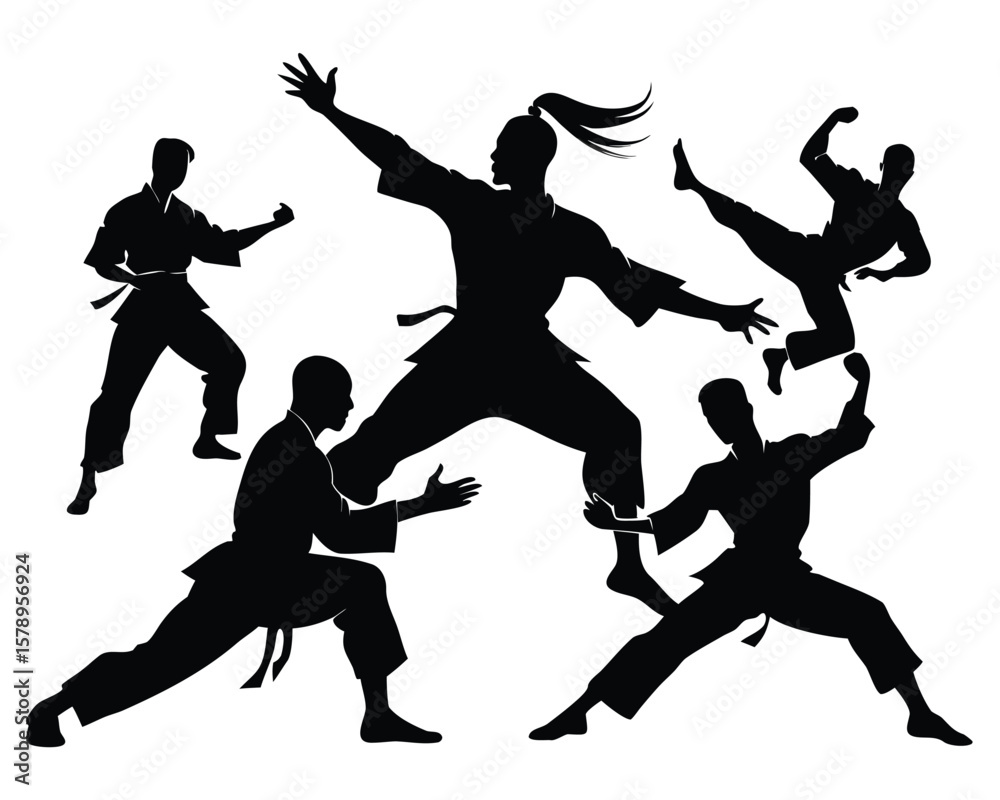 Fototapeta premium Dynamic Silhouettes of Martial Artists in Action Poses on a White Background
